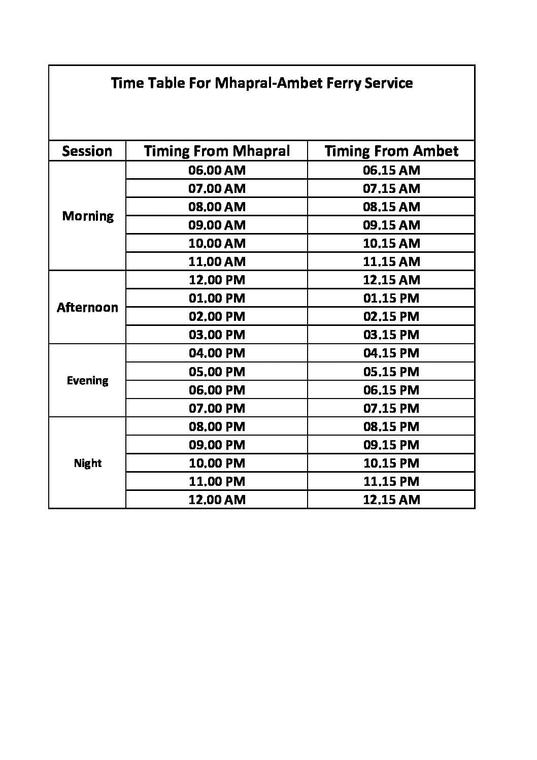 Ambet – Mahpral - Time Table