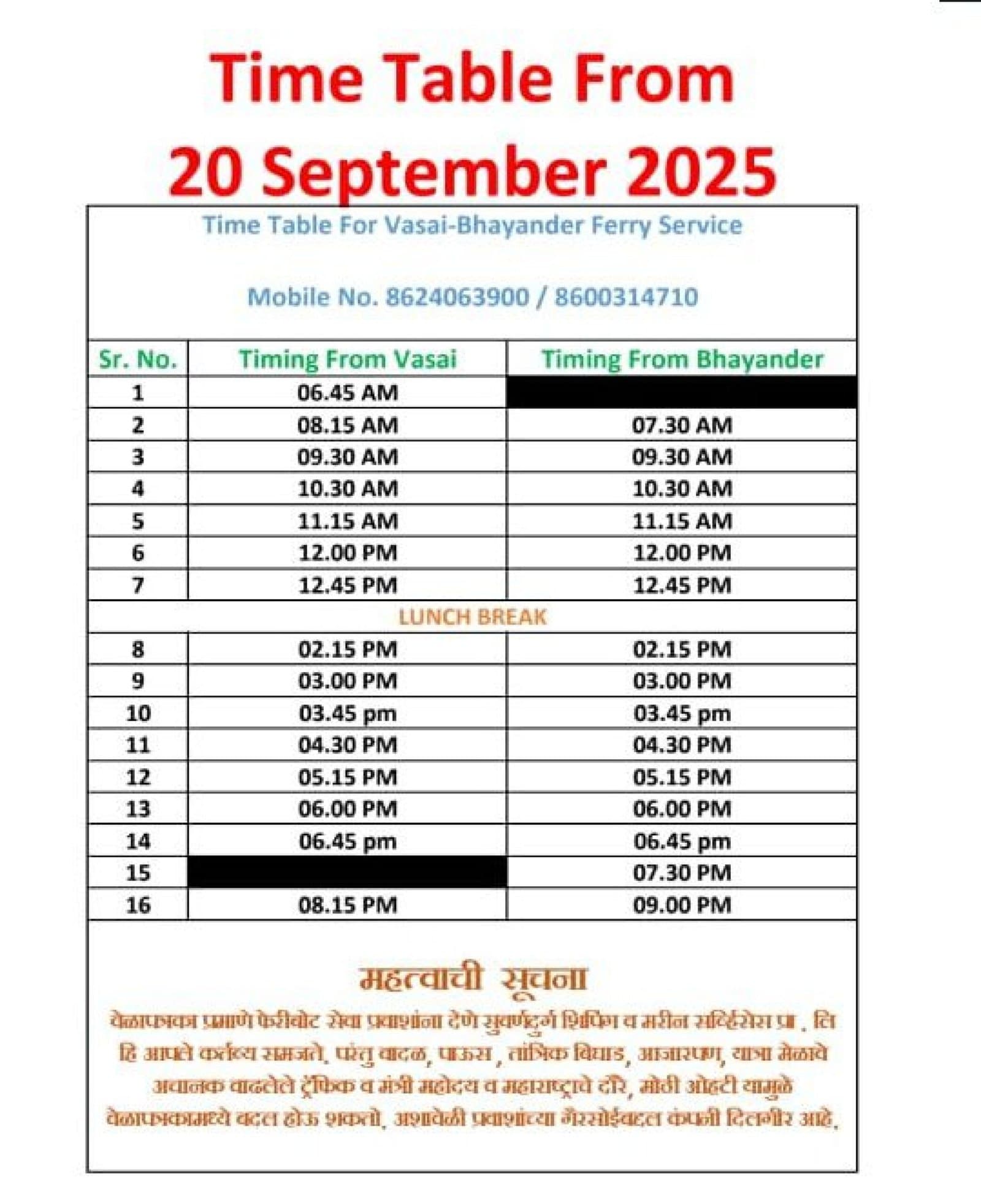 Vasai – Bhayander - Time Table